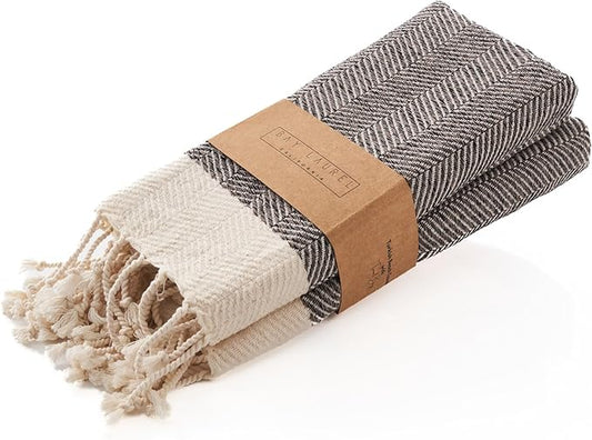 BAY LAUREL Turkish Hand Towel – Pack of 2 | Soft & Absorbent Decorative Towels for Bathroom, Hand, Face, Hair, Gym, Yoga, SPA, Kitchen & Tea | Boho Decor (Latte, Herringbone 16x40 Inches (Set of 2)