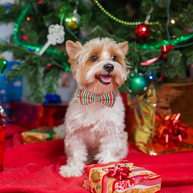 ADOGGYGO Christmas Dog Collars with Bow, Detachable Stripe Xmas Bowtie, Metal Buckle, Adjustable Green Christmas Collars for Extra Small Dogs Boy Girl (X-Small)