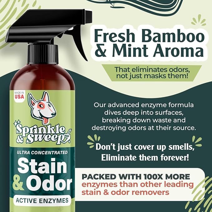 Sprinkle & Sweep: Litter Box Deodorizer Bundle: 8oz Bag, Speed Sifter, 24oz Odor & Stain Spray - Cat-Kitten Litter Care, Enzyme Spot Treatment Cleaner