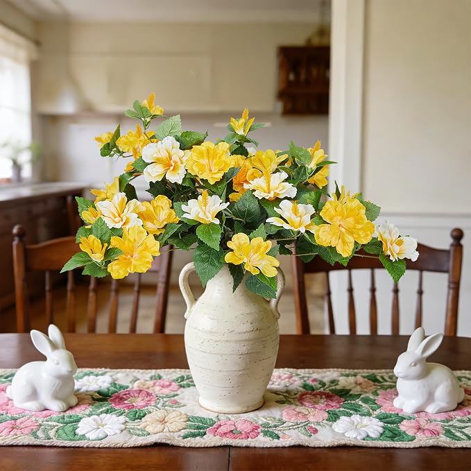 INXUGAO Artificial Flowers for Outdoors Indoors,2 Bunches Fake Hibiscus with Realistic UV Resistant Silk Flower Fabric Leaves,Faux Plants Outside for Home Patio Garden Yard Poch Decor(Yellow,White)
