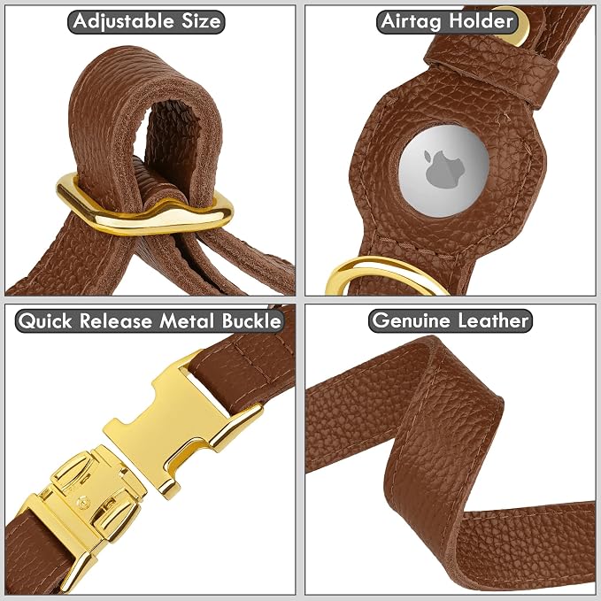 Leather Airtag Dog Collar - Soft Tracking Dog Collar with Apple AirTag Holder and Metal Buckle - Safety GPS Pet Collars for Small Medium Large Dogs Puppy Pink Red (Brown, S, 12"-15" Neck Fit)