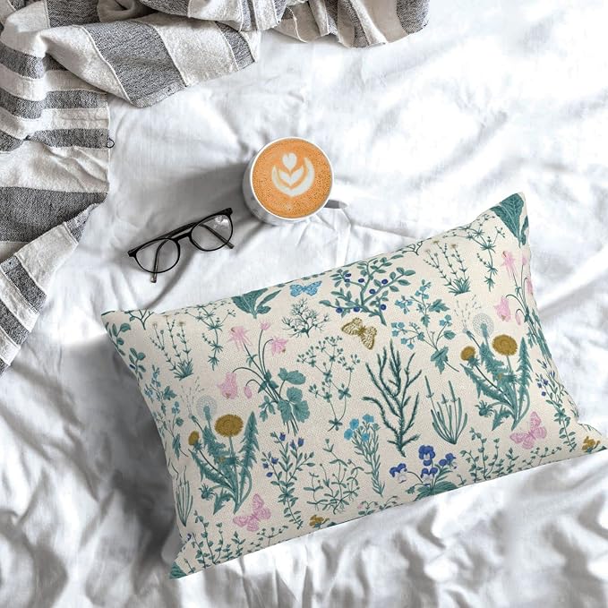 AEIOAE Spring Pillow Covers 12x20 Inch Set of 2,Blue Teal Wild Flower Plant Throw Pillows Case,Seasonal Floral Outdoor Decorative Linen Farmhouse Decor Cushion Covers for Home Sofa Bed Couch