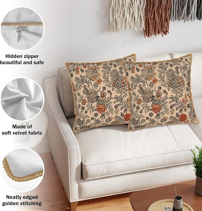 KSLIDS Art Boho Floral Soft Velvet Throw Pillow Covers Set of 2 Beige Rust Botanical Flowers Decorative Pillow Covers 20x20 Inch Farmhouse Vintage Pillow Case for Sofa Couch Living Room Home Decor