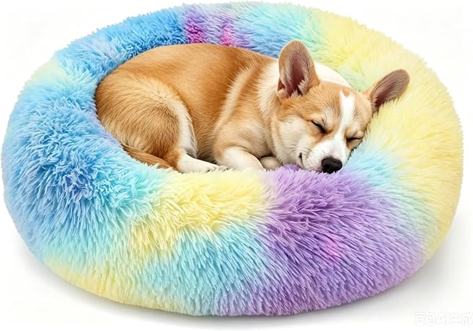 Calming Donut Dog and Cat Bed for Indoor Cats, Anti-Anxiety Round Fluffy Soft Washable Small Pet Bed for Puppy and Kitten, Warming Comfortable Luxury Anti-Slip Waterproof Mute Base 20in Rainbow