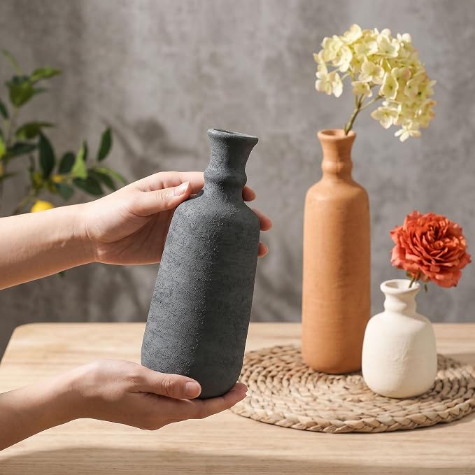 Ceramic Vase Set, 3Pcs Flower Vases for Modern Boho Farmhouse Decor, Decorative Vases for Pampas Grass & Dried Flowers, Distressed Finish