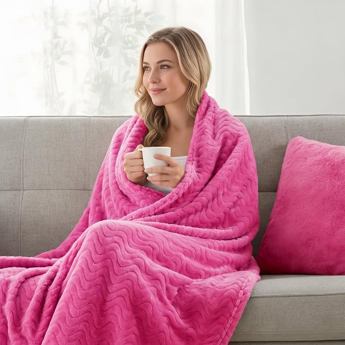Exclusivo Mezcla Soft Fleece Blanket King Size for Bed, Sofa, Hot Pink | 90"x104" Breathable Lightweight Flannel Blanket for Summer, Plush Cozy Jacquard Wave for Home Decor