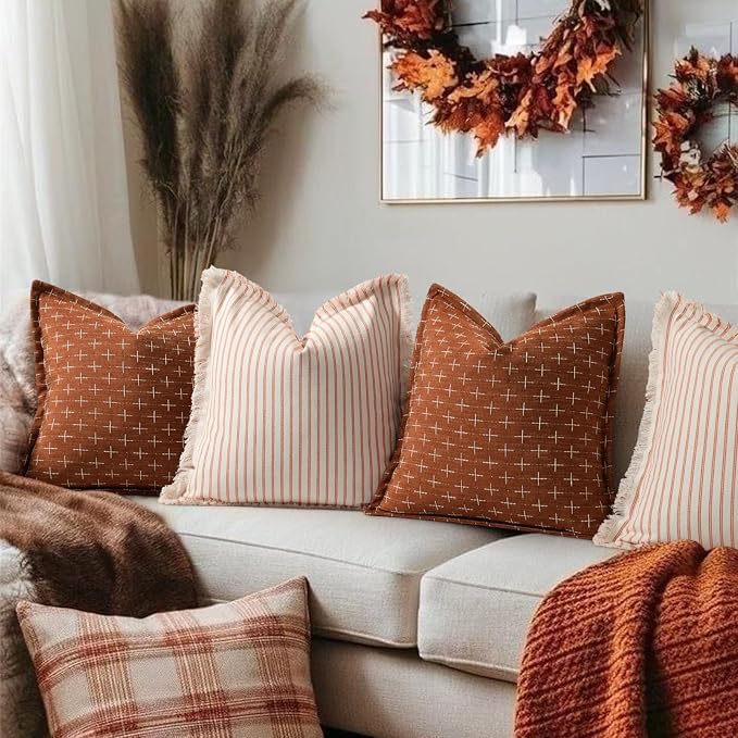 Fall Pillow Covers 18x18 Set of 2 Soft Polyester Textured Rust Pillow Covers with Stylish Flange Edge Cozy Farmhouse Throw Pillows for Couch Bed Sofa Living Room Fall Decor