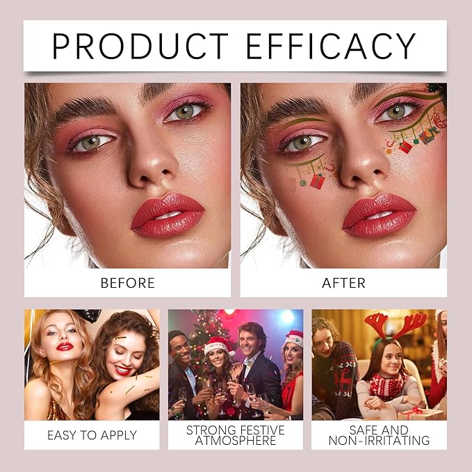 Christmas Face Stickers - Easy Apply Water Transfer Temporary Tattoos for Cheek & Face - Festive Holiday Designs for All Skin Types, No Tools Needed - Party Makeup for Kids & Adults (10 Sheets)