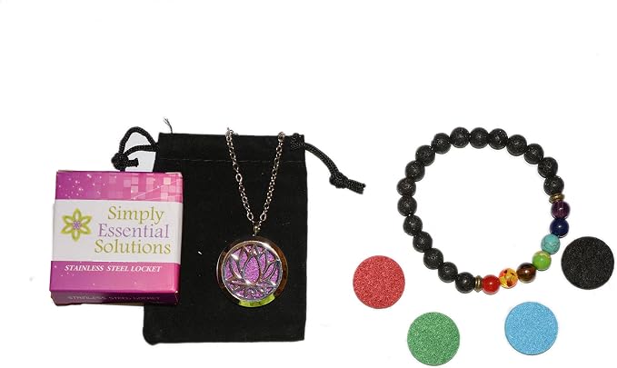 Aromatherapy Essential Oil Diffuser Stainless Steel 30MM Silver Magnetic Locket Pendant with Chain Necklace and Colored Refill Pads & Diffuser Bracelet All in a Velvet Bag (Flower)