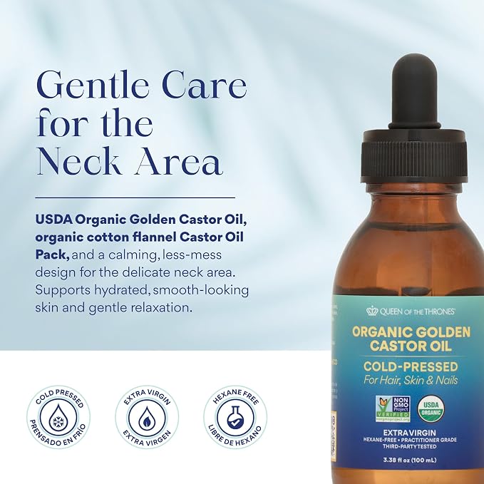 QUEEN OF THE THRONES Castor Oil Pack for Neck Less Mess, Reusable, Organic Cotton Flannel, Naturopathic Doctor Designed (Castor Oil Included)