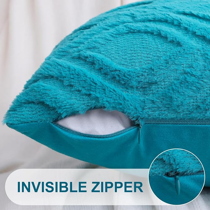 decorUhome Faux Fur Plush Soft Teal Throw Pillow Covers 18x18 Set of 2 | Plush Solid Fall Couch Pillow Covers, Accent Modern Farmhouse Neutral Decorative Square Pillow Cases for Sofa Bed Living Room