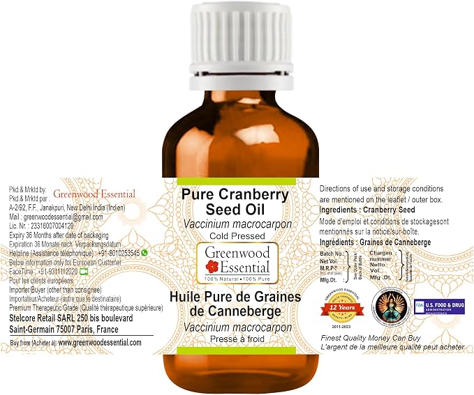 Greenwood Essential Cranberry Seed Oil (Vaccinium macrocarpon) | Cold Pressed | Natural | Undiluted | For Diluting Essential Oils | For Skin & Massage | Men & Women | 15ml (0.50 oz)
