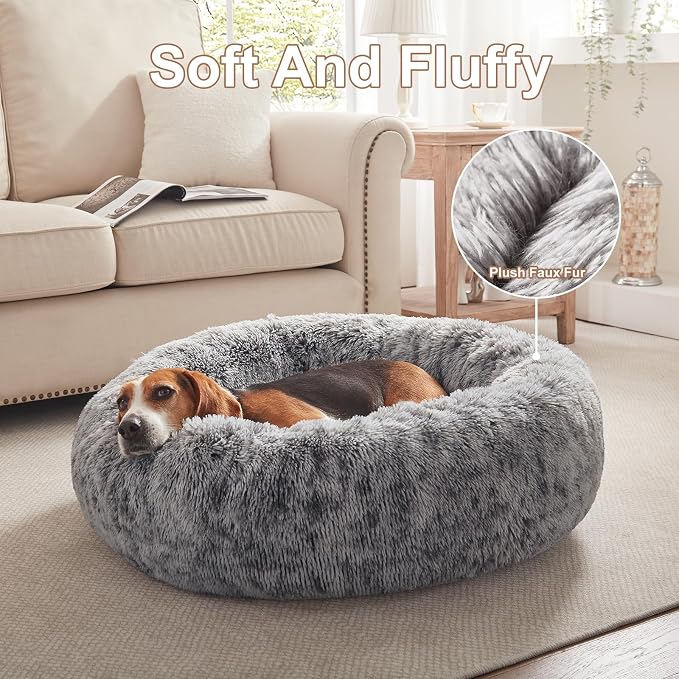 33 in Faux Fur Fluffy Donut Dog Bed for Medium Plus Dogs,Dark Grey | Calming Plush Round Pet Bed with Removable & Washable Cover,Fits up to 65 lbs Pets
