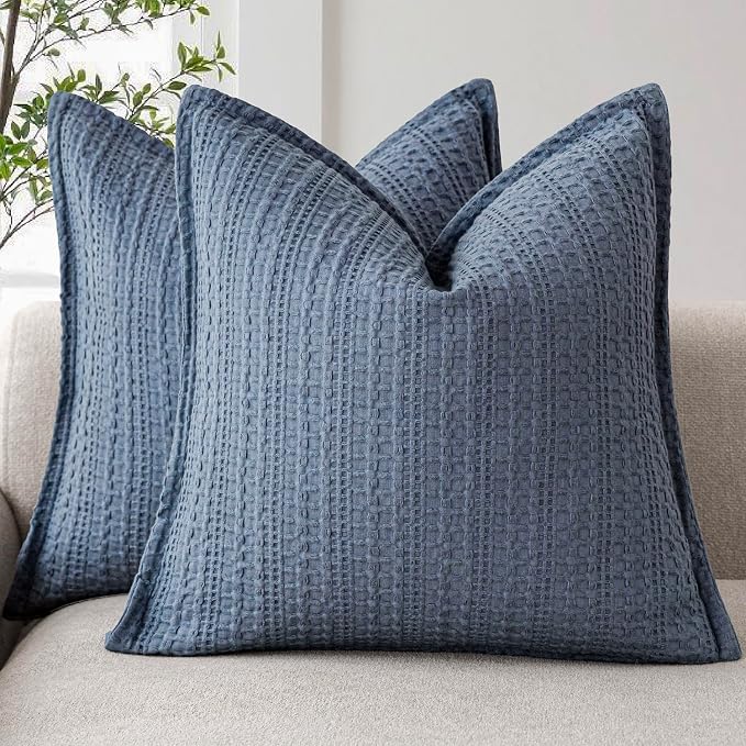 Foindtower Set of 2 Decorative Cotton Waffle Weave Throw Pillow Covers Euro Shams Cushion Covers Accent European Pillowcase for Bed Couch Sofa Bedroom Living Room Home Decor 22×22 Inch Blue