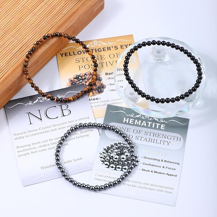 NCB 2.3-Piece 4mm Natural Crystal Gemstone Stretch Bracelets – Handmade Reiki Energy Healing Jewelry for Meditation,Yoga, Unisex