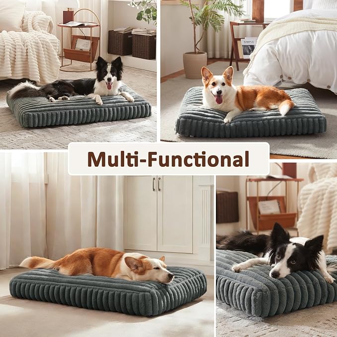 XL Dog Bed for Large Dogs, Orthopedic Dog Beds Washable with Removable Cover, Extra Thick Crate Bed Pet Mat with Shredded Chopped Foam & Anti-Slip Bottom, 35"x23"x4", Grey