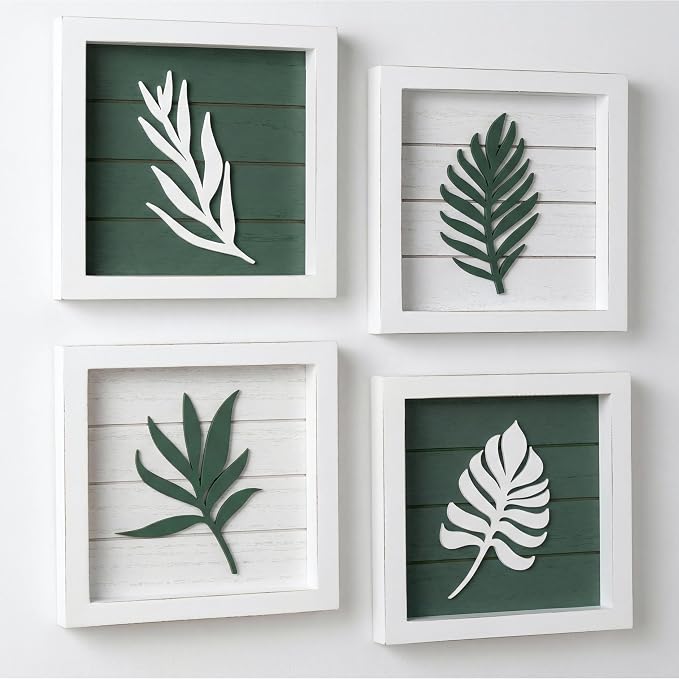 Tide and Tales 3D Green Botanical Wall Art, Framed Set of 4, Leaf Decor | 7x7 Inch, Lightweight, Wooden, Ready-to-Hang, Minimalist Boho Farmhouse Pictures for Bathroom, Bedroom, Living Room or Office