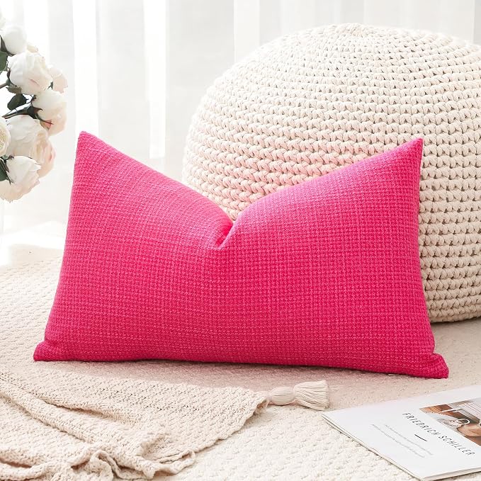 OTOSTAR Linen Throw Pillow Cover Set of 1 Decorative Lumbar Pillowcases Cushion Covers 12x20 Inch for Home Decor Sofa Bedroom Car 30 x 50CM Hot Pink