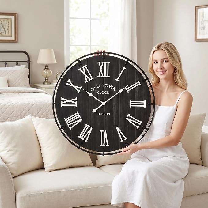 EMAX HOME Inch Large Black Wall Clock, Rustic Distressed Wooden Dial with 3D White Roman Numerals, Silent Sweep Movement, High Contrast Farmhouse Decor for Bedroom, Kitchen, or Dining Room.