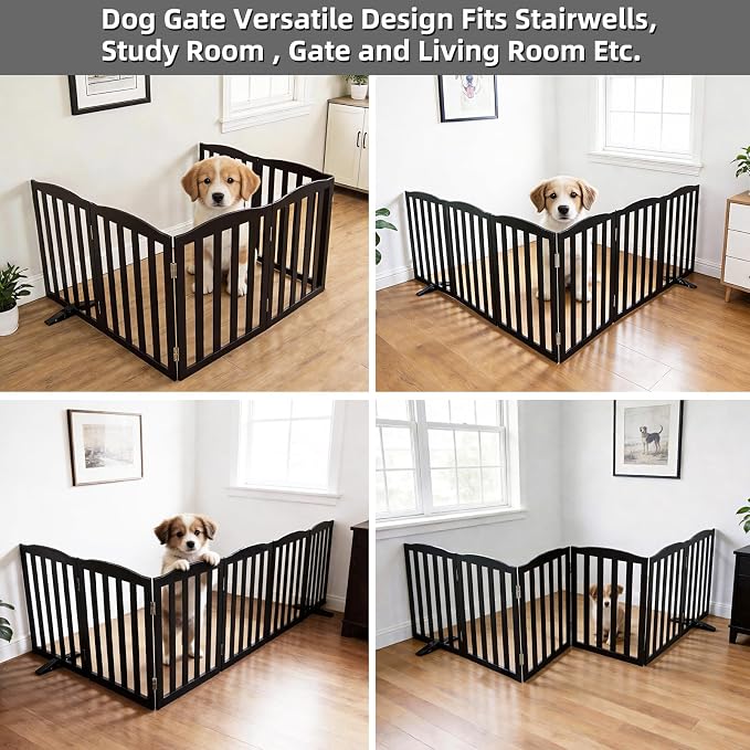 ZJSF Foldable Freestanding Indoor Dog Gate for House Wood Long Pet Gates Dog Fence for Stairs Puppy Gates for Hallways, Puppy Gate,Support Feet Included, Black, 32 "Height-6 Panels