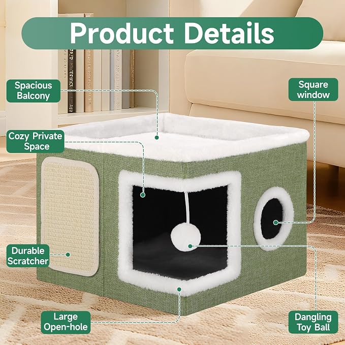 Shikha Cat House Bed for Indoor Cats with Fluffy Ball and Scratch Pad Green | Foldable Large Cat Cave Hideaway with Cozy Condo, Hide and Seek Window, Holds Up to 30LBS, All Season Reversible Cushion