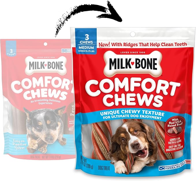 Milk-Bone Comfort Chews, Unique Chewy Texture & Real Beef, 15 Dog Chews | 5 (3-count) bags, For dogs 15-75 lbs., Rawhide-free dog chews, Made with real beef