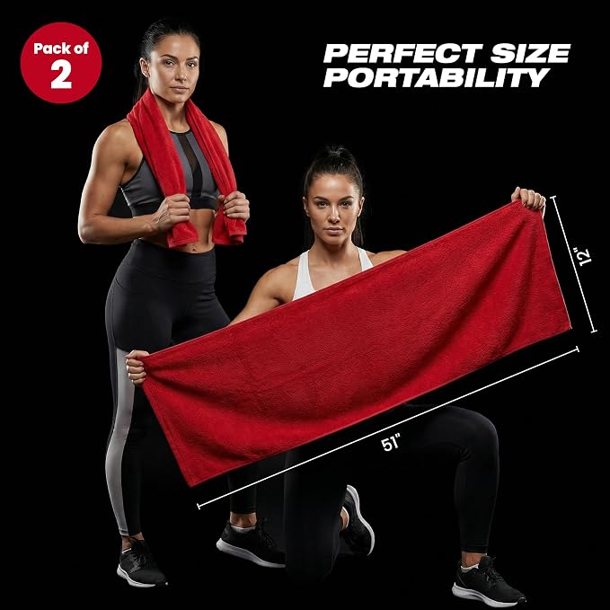 Sports Towel - Double Pack (2 Pieces), 12"x51", Red, 100% Cotton - Oeko-Tex Certified, Very Absorbent and Quick-Drying, for Fitness, Gym and Yoga