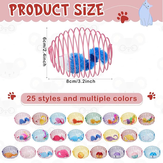 Jecery 25 Pcs Cat Toys Spring,Mouse and Bell,Colorful