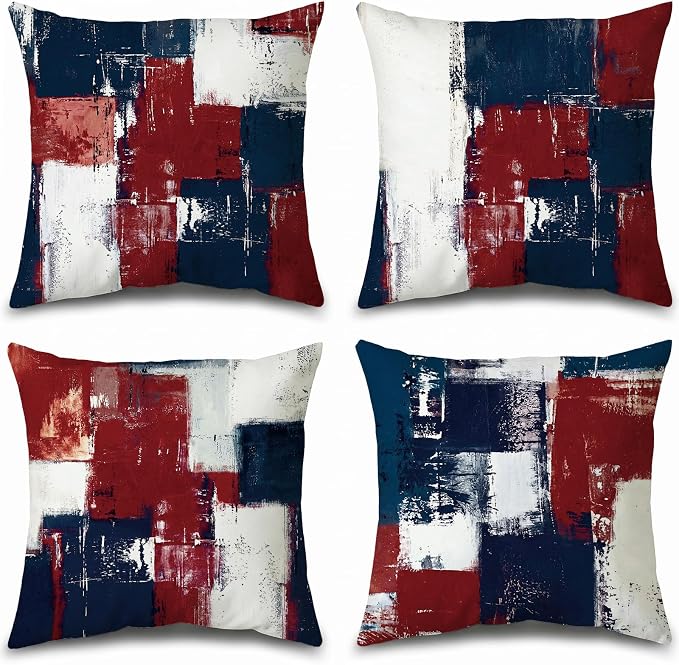 Throw Pillow Covers, Red White Blue Abstract, 18x18 | Red, Navy & White Patriotic Cushion Cases, 4th of July accent pillowcases for sofa, living‑room & porch