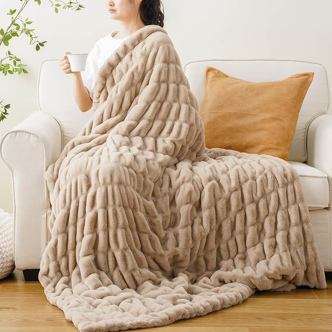 BATTILO Soft Faux Fur Throw Blanket for Couch, Double Side, 50"x60", Beige | Luxury Minky Couture Blanket, Beige Throw Blanket, Cozy Warm Soft Fluffy Faux Fur Blanket For Bed, Sofa Living Room