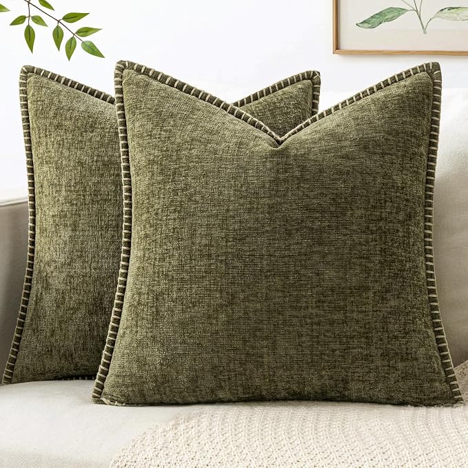 MIULEE Decorative Couch Throw Pillow Covers 20x20 Inch Olive Green 2 Pack | Farmhouse Pillow Covers with Stitched Edge, Soft Chenille Cushion Cases, for Sofa Bed Living Room Home Decor
