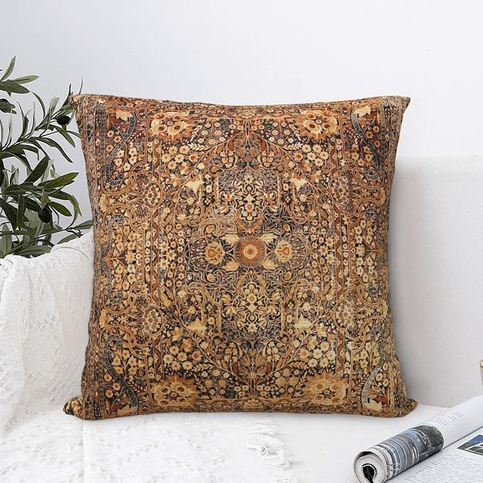Antique Persian Kirman Rug Print Pillow Covers Decorative Square Throw Pillowcase 18x18 Inch Couch Cushion Cover for Home Decor Living Room Bedroom College Dorm Bed Car Sofa