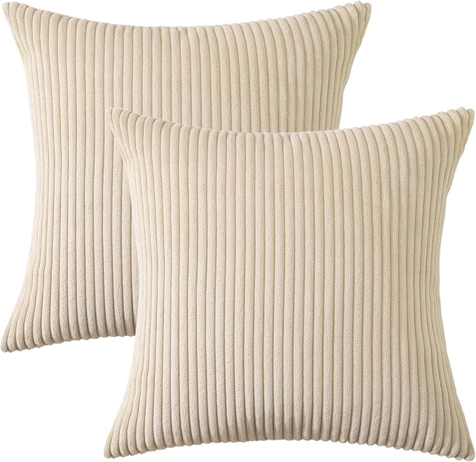 Mecatny Corduroy Fall Decorative Throw Pillow Covers 18x18 Set of 2 Beige | Soft Striped Texture, Hidden Zipper Design, Neutral Boho Square Pillow Cases for Sofa Couch Living Room Bedroom, Home Décor