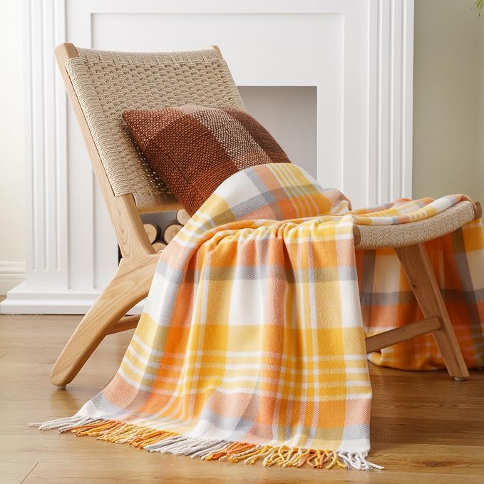Yellow Plaid Throw Blanket for Couch, Spring Summer Throw Blankets 50"x60" | Lightweight Farmhouse Blanket, Soft Cozy Woven Throw with Tassels, Buffalo Plaid Blanket for Bed, Sofa, Home Decor