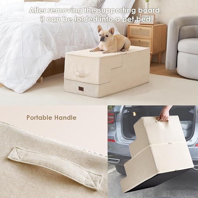 EHEYCIGA Dog Stairs for High Bed 25" H, Extra Wide Dog 5-Step, Beige | Pet Steps for Small Dogs and Cats for Bed, Non-Slip Balanced Pet Ramp Indoor