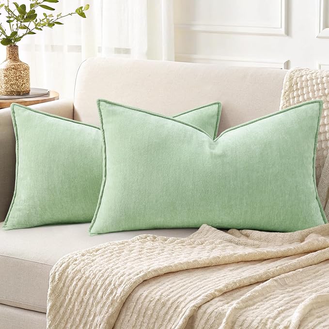 decorUhome Chenille Sage Green Velvet Throw Pillow Covers 12x20 Set of 2 | Fall Soft Lumbar Couch Decorative Modern Farmhouse Pillow Cases with Elegant Design for Sofa Bed Living Room Home Decor