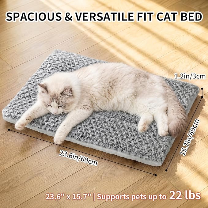 Cat Bed for Indoor Cats, Self Warming Basketweave Chenille Fur Mat | 23.6"x15.7", Faux Rabbit Fur in Basketweave, Silent Crinkle-Free, Double-Sided Cozy, Non-Slip Bottom, Machine Washable
