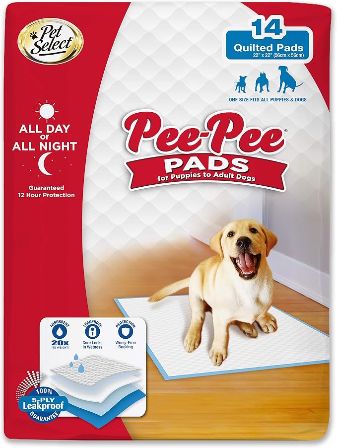 Four Paws Pet Select Pee Pee Pads for Dogs and Puppies 14 Count Standard 22" x 23" | Leak-proof, 12 hour floor protection, quilted potty training pads, 5 layers, 22" x 22"