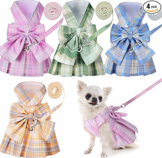 Potchen 4 Pcs Plaid Dog Dresses with Bow Harness and Leashes,M,Light Color