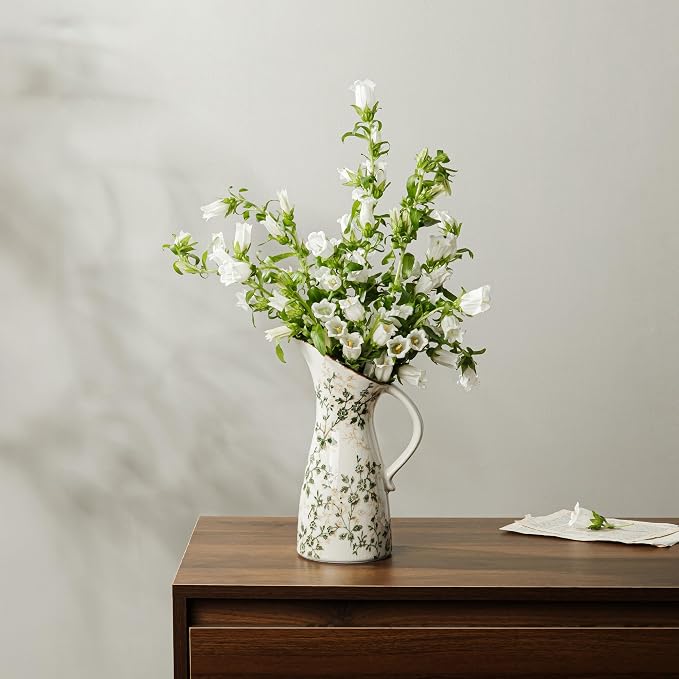 Ceramic Flower Vase for Home Decor, Vintage Green Pitcher Vase 10.5 Inch | Rustic Farmhouse Floral Vase for Wedding Centerpiece, Coffee Table, Living Room, Kitchen, Mantel, Bookshelf, Entryway