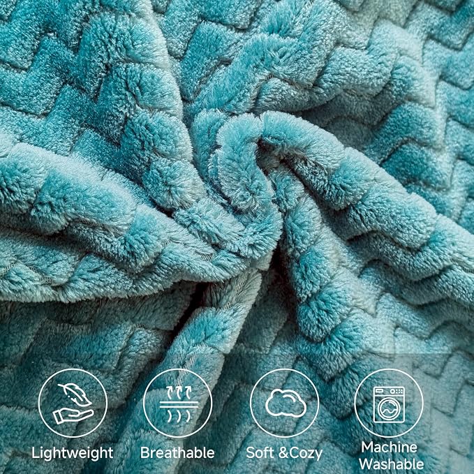 Simple&Opulence Teal Fleece Throw Blanket Lightweight Super Soft Cozy Flannel Blanket with Wave Textured for Sofa Couch Bedroom Decor Camping 50x60 Inches All Season Use（Wave Teal