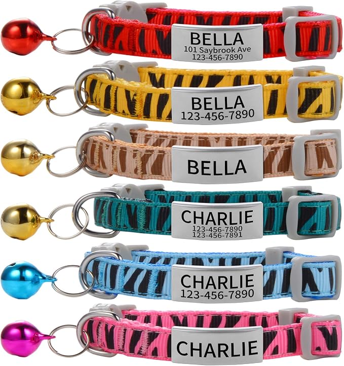 Personalized Breakaway Cat Collar with Bell & ID Tag, Zebra Print