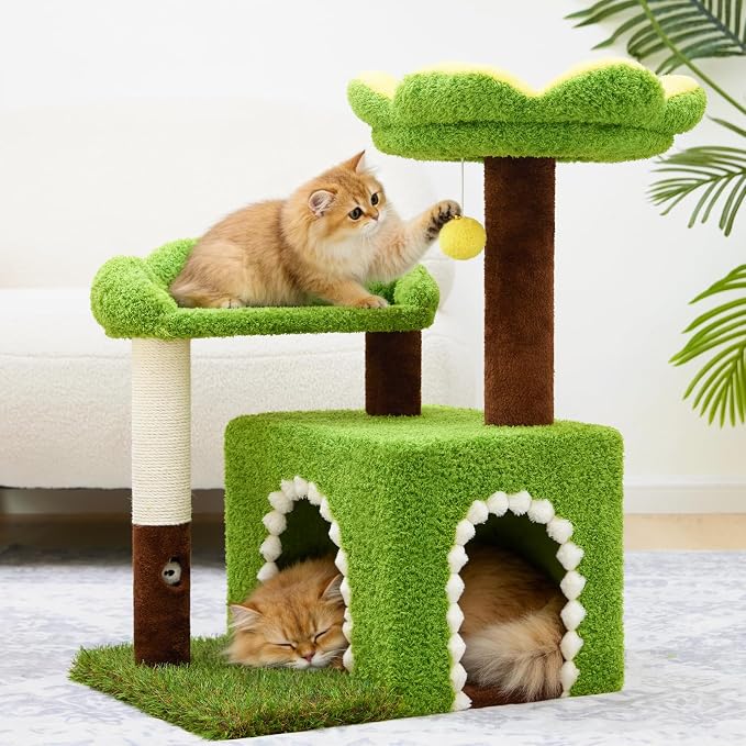 Sunflower Short Cat Tree with Cat Scratching Posts Small Cat Tower | Cat Condo,Cat Perch,Cat Bed 3-in-1 Cat Scratcher for Small Cats and Kittens
