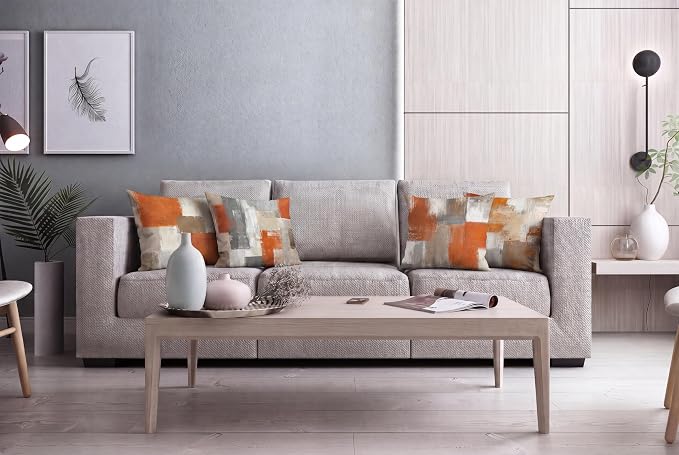 Burnt Orange Modern Abstract Throw Pillow Covers 18x18 Set of 4 | Burnt Orange & Grey Geometric Cushion Cases, modern aesthetic pillowcases for sofa, bedroom & chair.