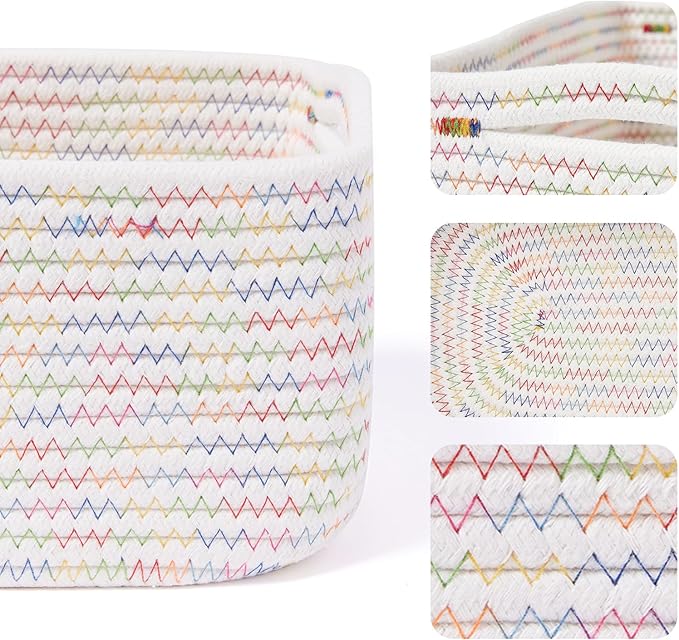 MiniArk Small Storage Baskets for Organizing | Closet Organizer Bins | Shelf Toy Basket | Woven Rope Baskets | Cube Decorative Box | Shallow Basket | 13x8.5x5.1” | 4 Packs Rainbow