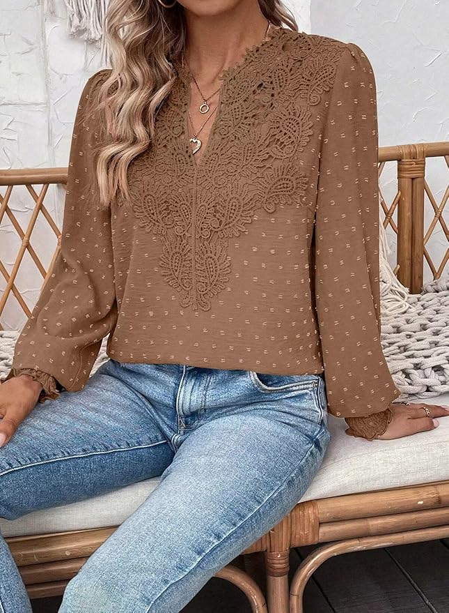 Womens Tops Swiss Dot Boho Long Sleeve Shirts V Neck Casual Chiffon Blouses Flowy Lace Hem Cute Clothing Trendy 2026