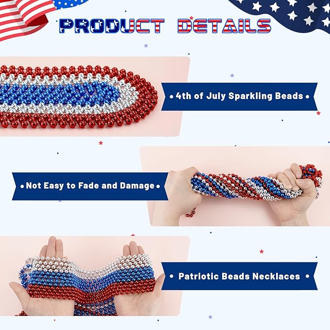 SHAOQINLIN 12 PCS Patriotic Beads Necklaces, 4th of July Bead Necklace, 4th of July Accessories, 33'' Metallic Red/Silver/Blue Party Beads for Patriotic Day, Carnival Party Favors