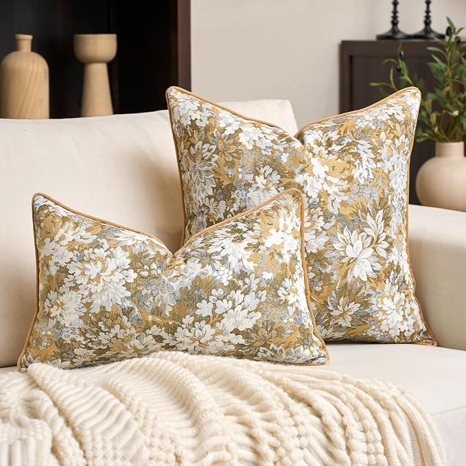 Alerfa Yellow Neutral Floral Pillow Cover 12 x 20 Inch, Vintage Chenille Rectangle Couch Pillow Cover Soft Decorative Farmhouse Accent Pillowcase for Living Room Bedroom