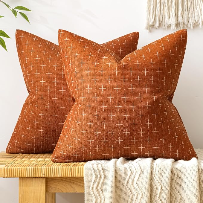 MIULEE Pack of 2 Decorative Burlap Linen Throw Pillow Covers Modern Farmhouse Pillowcase Rustic Woven Textured Cushion Cover for Sofa Couch Bed 18x18 Inch Rust
