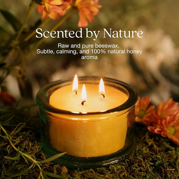 Bluecorn Beeswax 3-Wick Candle – Raw Unscented, 100% Pure Beeswax – 10oz Hand-Blown Recycled Spanish Glass – Non Toxic, Clean Burning, Refillable Glass Jar